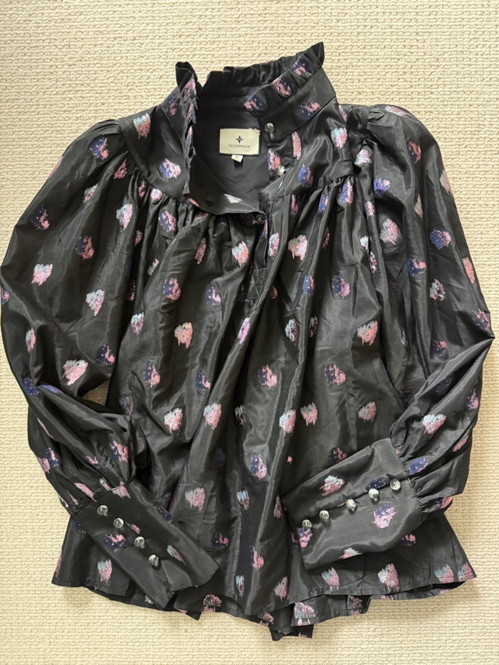 Tuckernuck Black Blouse with metallic jacquard dots